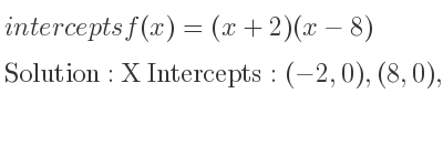 The intercepts of f(x)=(x+2)(x-8) is X Intercepts: (-2,0),(8,0),Y Intercepts: (0,-16)